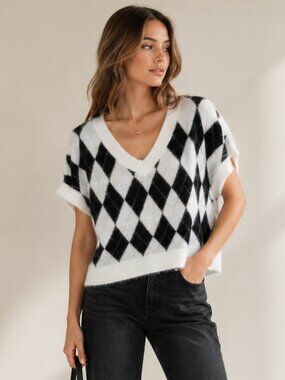 Free People Through the Motions Argyle Fuzzy Sweater Vest Ivory Black XS